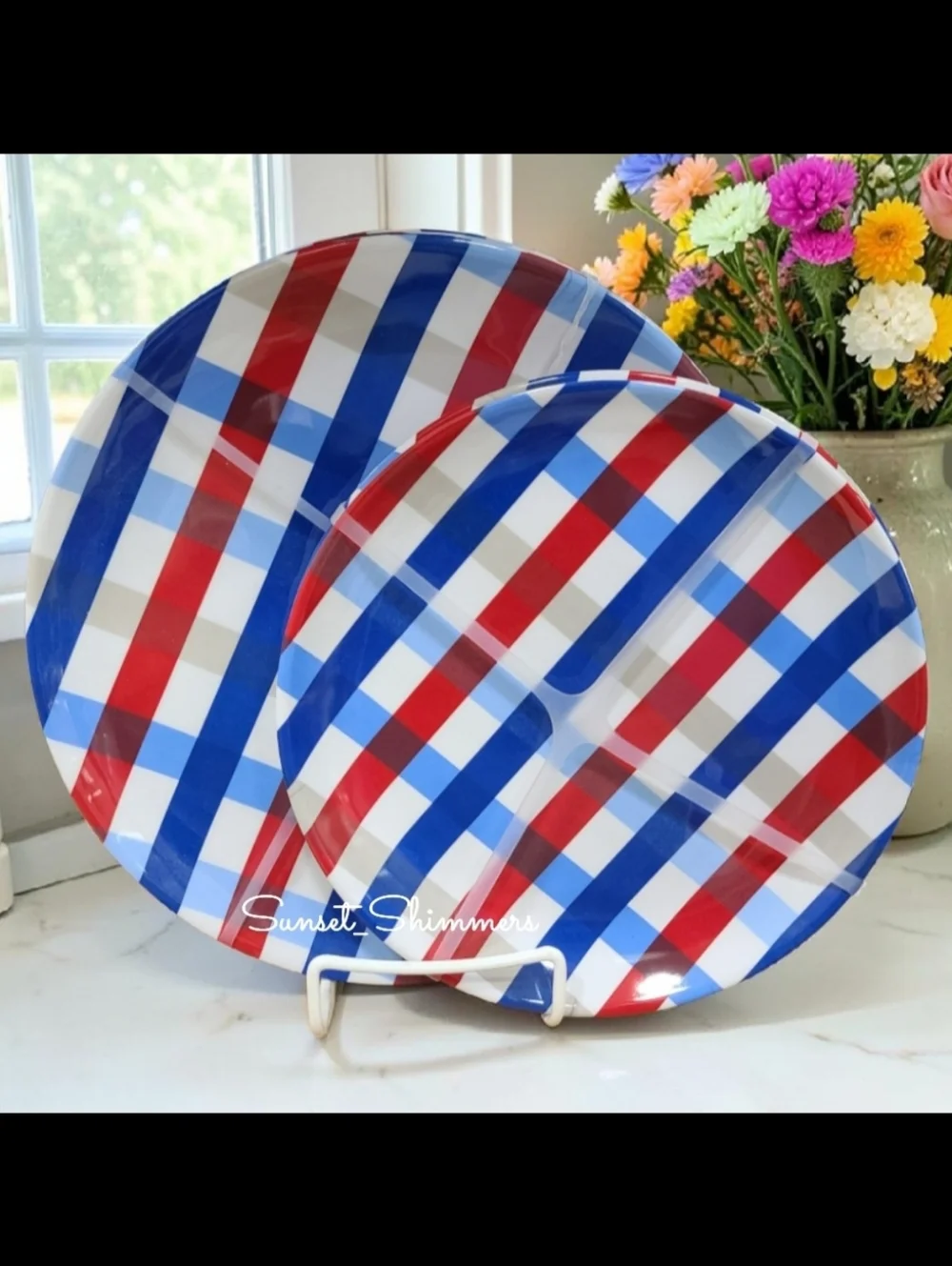 8pc Americana Red White Blue Picnic Plaid Melamine Dinner & Salad Plate Set New